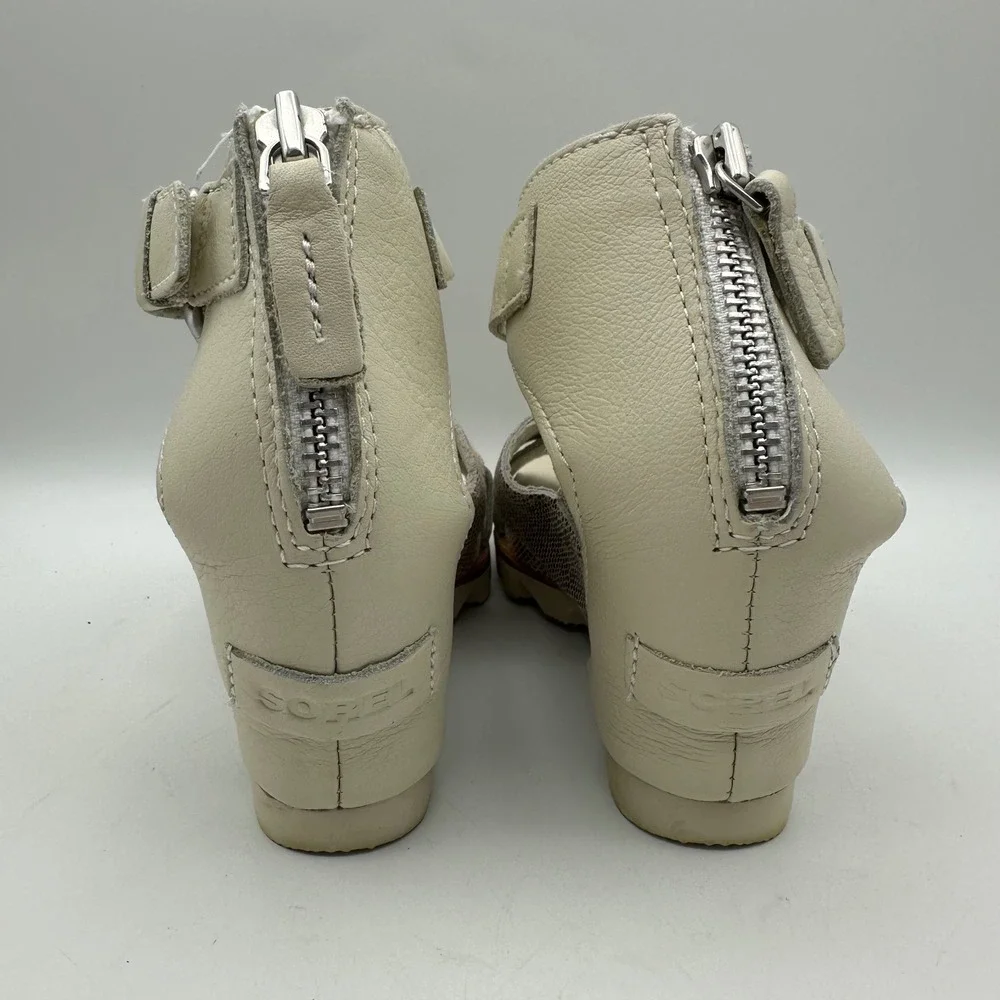 Sorel‎ Joanie II Wedge Sandals Womens 6 Cream Tan Snakeskin Leather NL2834-125